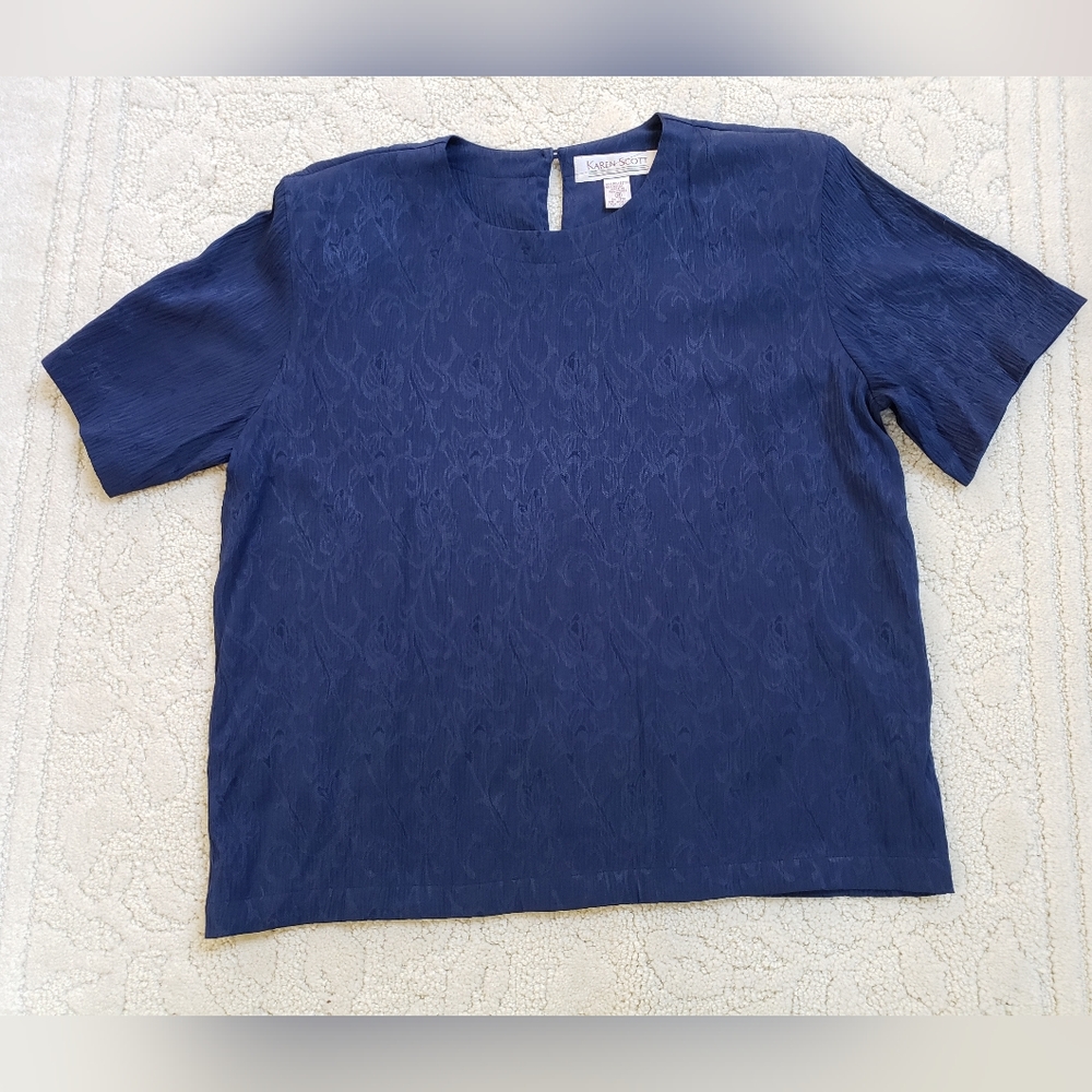 Karen Scott Royal Blue Crinkle Jacquard Short Sleeve Blouse Vintage SzM